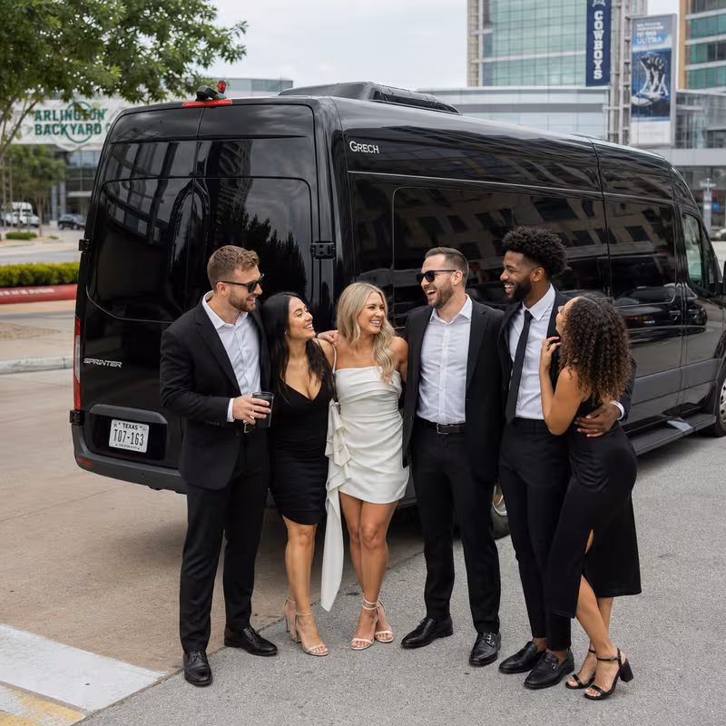Group boarding a white charter bus for Bachelor & Bachelorette Transportation transportation in Arlington