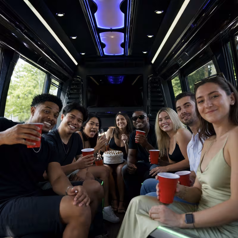 Black Mercedes Sprinter van staged for an Arlington Birthday Transportation group