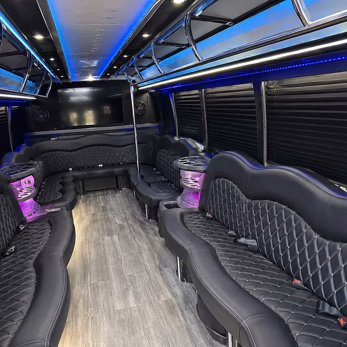 Passenger seating aboard a party bus rental serving Arlington