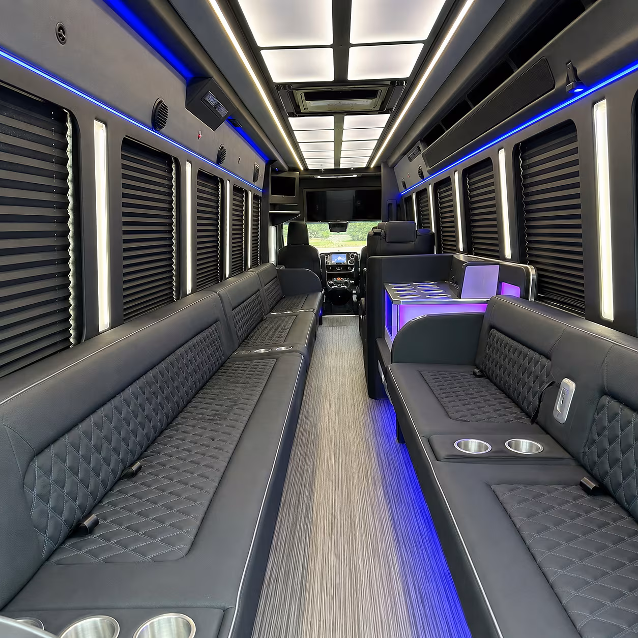 Interior of a party bus rental serving Arlington