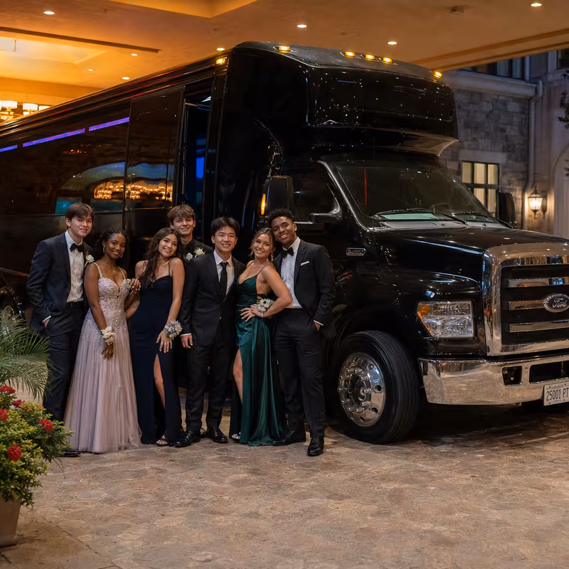 Party bus interior with wraparound leather seating and LED lighting in Arlington