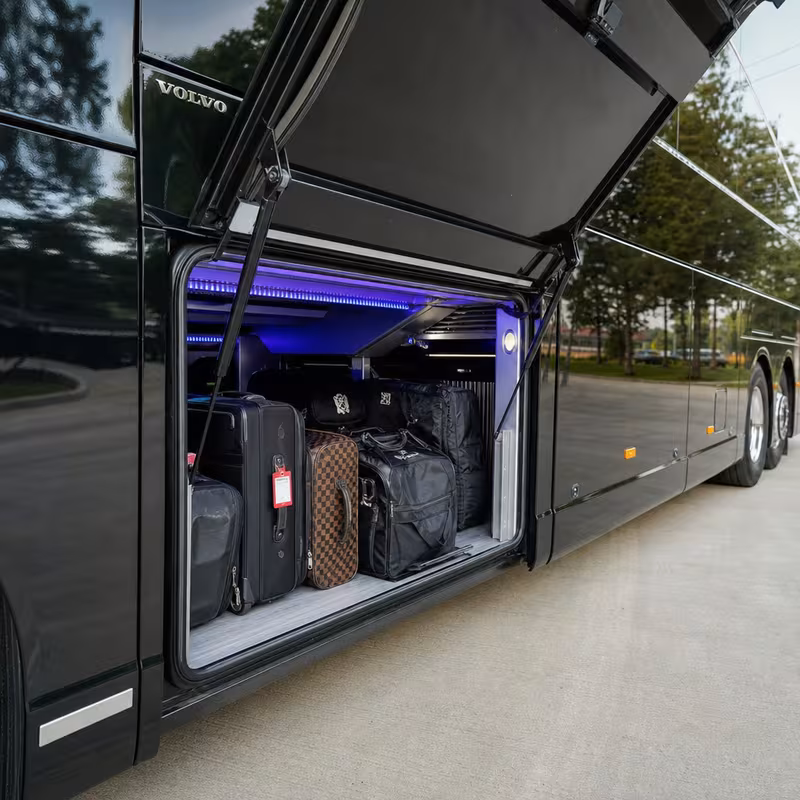 Party bus interior with wraparound leather seating and LED lighting in Arlington